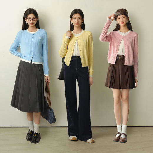 【严选】诗凡黎撞色假两件绞花针织开衫2026春新款刺绣圆领拼接设计感毛衣7HC430541 商品图1