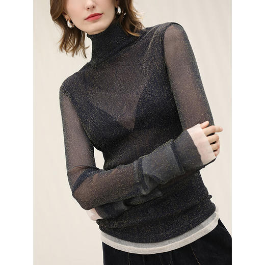 COCOBELLA白色时尚miu系高领微透视打底衫女新混搭上衣UT3220 商品图2