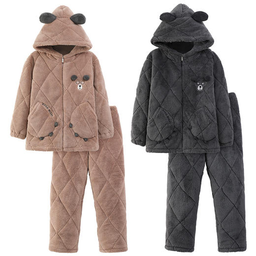 丁摩 情侣睡衣冬季三层夹棉加厚加绒天鹅绒珊瑚绒男女士连帽家居服套装5ZF-16001 商品图4