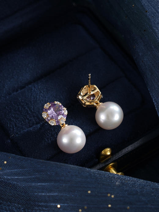 子佩集【紫宸瑶光】银S925珍珠惜王妃耳钉【MLEH021】10mm珠镀金紫锆石2601 商品图7