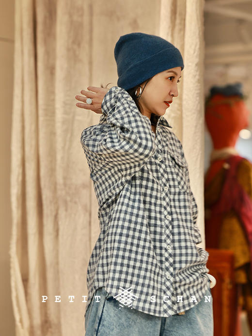 PETIT SCHAN小闪 CLO#1017 Wash 淡彩 绵羊毛亚麻休闲格纹衬衫 商品图4