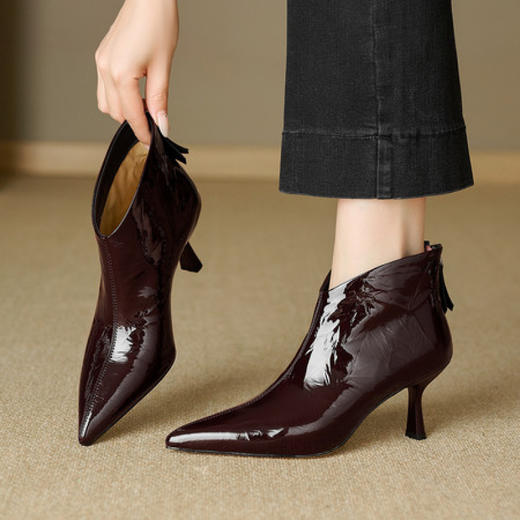 【预售5天】气质高跟短靴新款真皮尖头细跟后拉链瘦瘦靴YC-600 商品图1