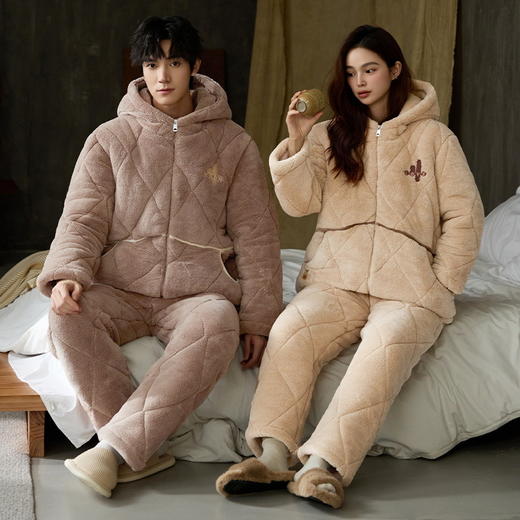 丁摩 情侣睡衣冬季三层夹棉加厚加绒天鹅绒珊瑚绒男女士连帽家居服套装5ZF-16001 商品图3