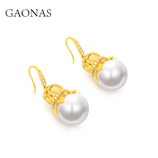 GAONAS 仿珍珠耳饰 鎏金华光16mm白色珠耳环11880EW 商品图2