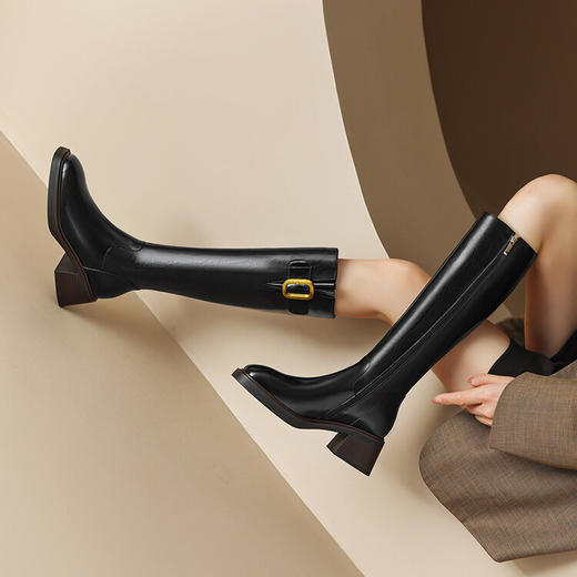 【预售5天】法式复古皮带扣马油皮高筒靴粗跟高跟侧拉链骑士靴子&0871 商品图2