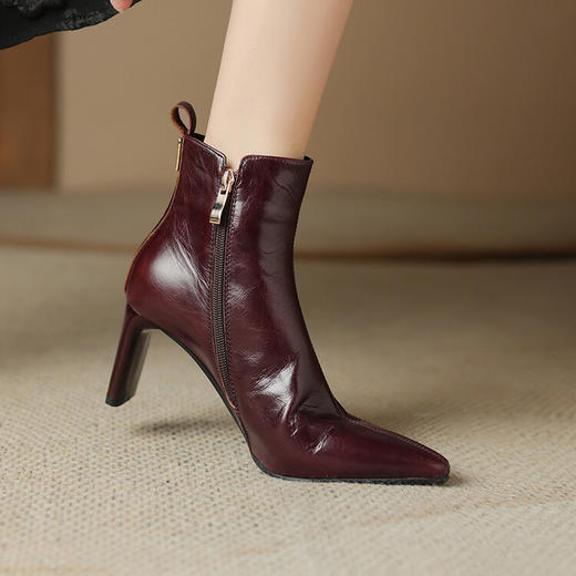 【预售5天】法式小短靴秋冬季加绒高跟鞋粗跟软底真皮软皮尖头裸靴子&521-9 商品图1