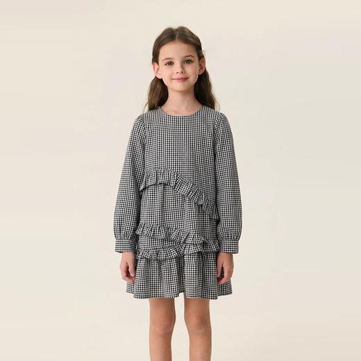 马克珍妮文艺格纹女童花边连衣裙2026年春装新款560196 商品图1