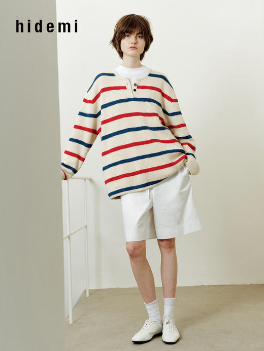 hidemi副线小h 条纹撞色亨利领休闲套头上衣针织衫 商品图10