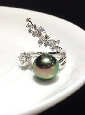 【私席真珠·新年盛宴】18K金镶钻黑珍珠戒指，12-13mm珠，圆（孤品）