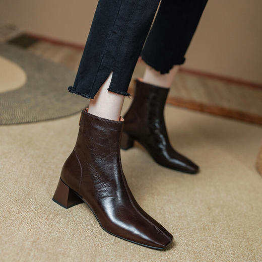 法式方头小短靴洋气美拉德真皮马丁靴百搭通勤粗跟显瘦羊皮女靴子PS&PS2086-AA 商品图1