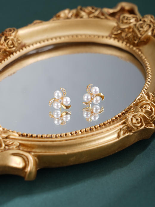 子佩集【风车漫旋】银S925珍珠惜王妃耳钉【MLEH029】3.8mm珠镀金风车三瓣花2601 商品图6