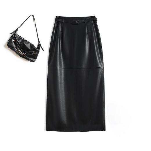 丁摩 真皮皮裙女半身裙新款秋冬高腰显瘦中长款开叉气质包臀一步裙5ZF-2416 商品图2