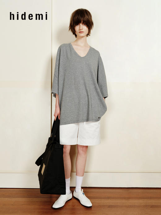 hidemi副线小h 简约U领松弛宽松T恤上衣 商品图9
