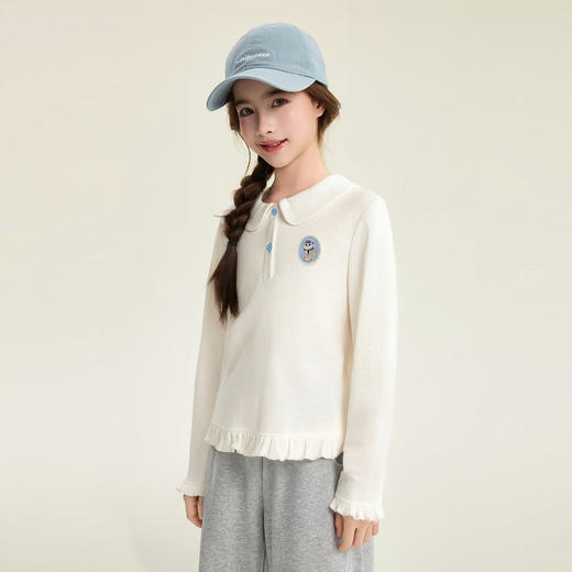 笛莎Deesha 童装女童T恤2026春新款荷叶边娃娃领小猫绣花T恤 商品图1