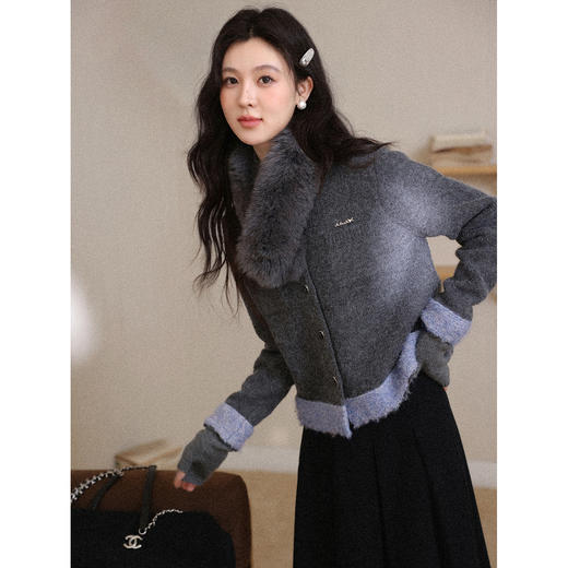 鹿向南「巴黎慢调」复古花灰色长袖毛衣女秋冬撞色设计感针织开衫 商品图2