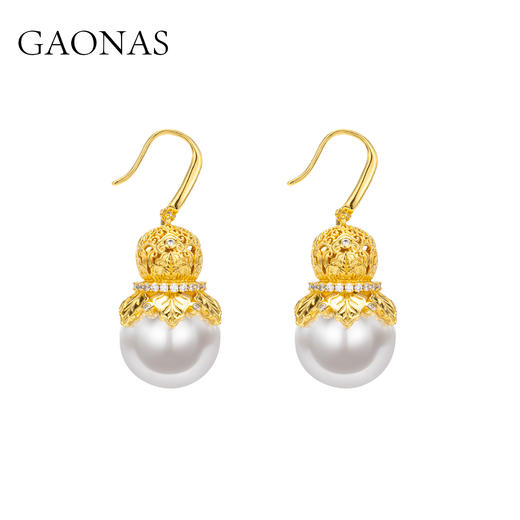 GAONAS 仿珍珠耳饰 鎏金华光16mm白色珠耳环11880EW 商品图1