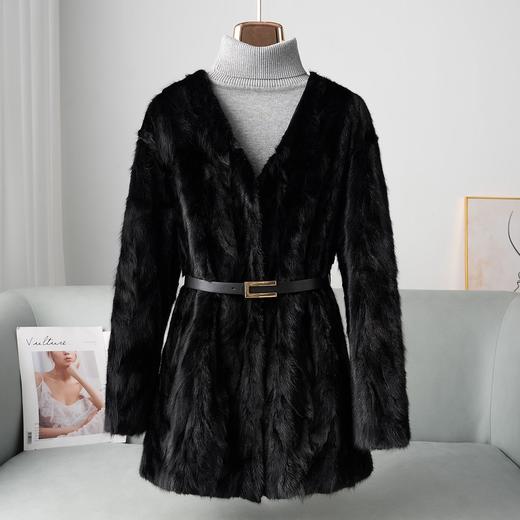 丁摩 冬季貂皮大衣真貂水貂毛外套裘皮拼貂中长款V领皮草5ZF-2803 商品图0