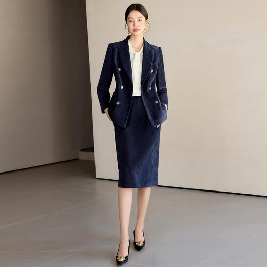 IWY/藏蓝色双排扣西装套装女秋冬气质丝绒职业装通勤套裙工作服24CS673 商品图0