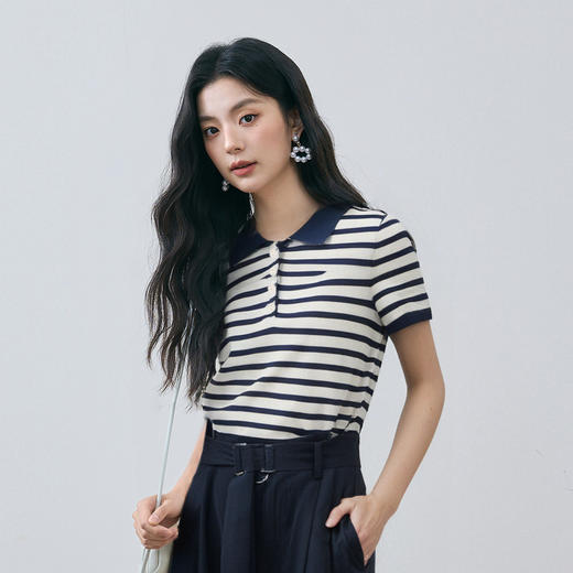 【商场同款】诗凡黎Polo领条纹针织衫25秋新款短袖上衣3G7131531 商品图2