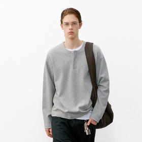 714street肌理感灰色亨利领卫衣男 2026春季潮牌重磅宽松长袖T恤