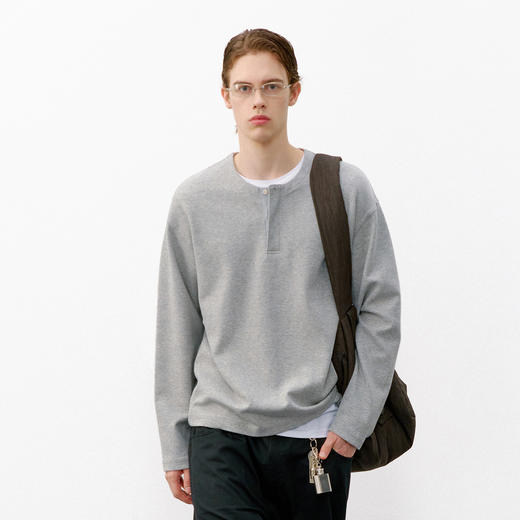 714street肌理感灰色亨利领卫衣男 2026春季潮牌重磅宽松长袖T恤 商品图0