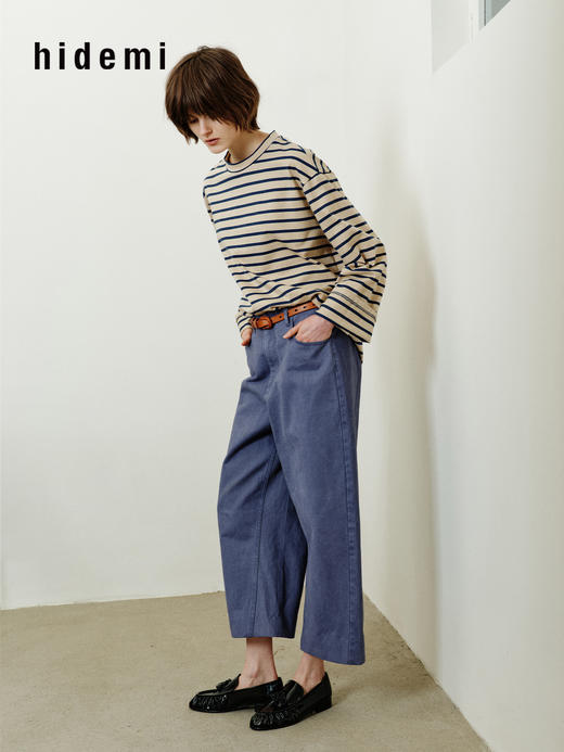 hidemi副线小h 少年感圆领撞色宽松条纹长袖T恤 商品图5