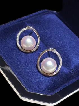 【私席真珠·新年盛宴】18K金镶钻AKOYA珍珠耳针，7.5-8mm珠，圆（孤品）