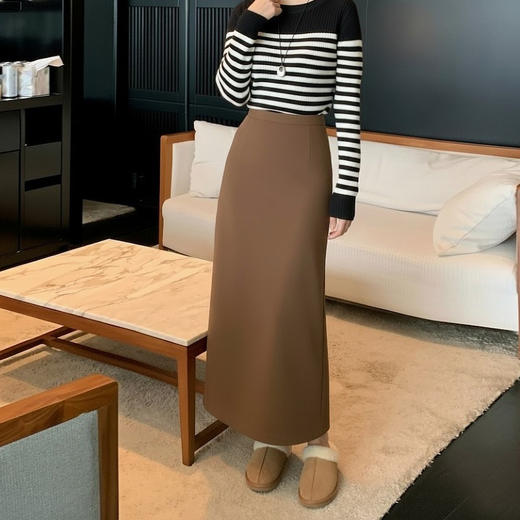 【合作款】秋冬直筒百搭显瘦A字后开叉毛呢包臀裙  yc0112003 商品图4