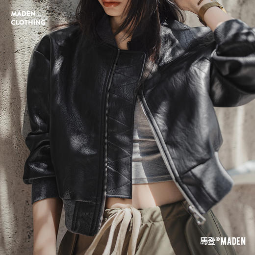 马登美式黑色飞行员棒球圆领短款版机车pu软小皮衣夹克外套女士秋 商品图0