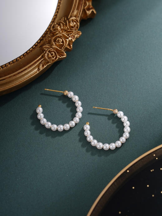 子佩集【慵光芙蕾】银S925珍珠惜王妃耳钉【MZEH001】3.5mm珠27mm圈镀金串珠圆圈半环2601 商品图2