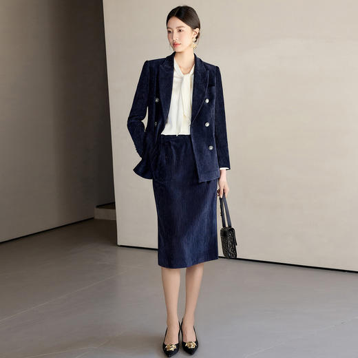 IWY/藏蓝色双排扣西装套装女秋冬气质丝绒职业装通勤套裙工作服24CS673 商品图1