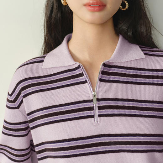 【严选】诗凡黎Polo领撞色条纹针织衫2026春新款半拉链复古显瘦内搭毛衣女7H1231061 商品图4