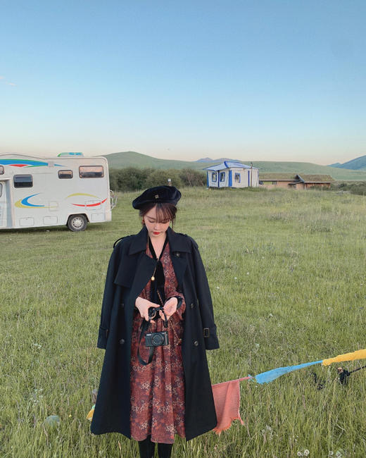 XS码 金蘑菇菇【落日与晚风】蛮特别的v领复古碎花裙中长款连衣裙 商品图4