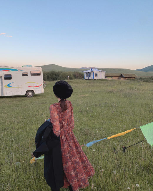 XS码 金蘑菇菇【落日与晚风】蛮特别的v领复古碎花裙中长款连衣裙 商品图2