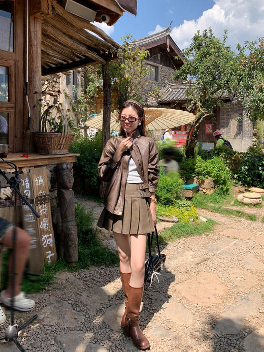 【129元任选2件】现货！复古百搭2色皮裙高腰a字百褶半裙 商品图5