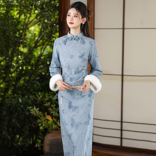 秋冬季蓝色加绒加厚国风新中式长款长袖年轻款复古改良旗袍SC22398 商品图2