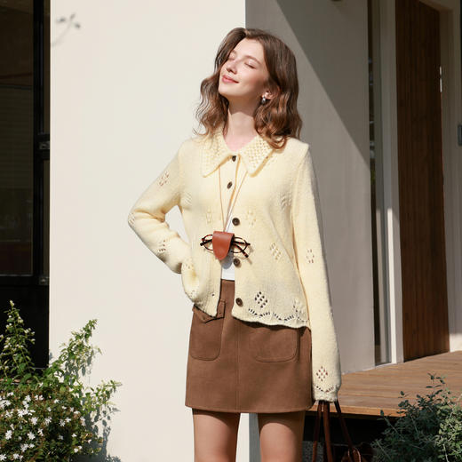 三彩2026春季新款镂空翻领长袖针织衫毛衫开衫外套上衣纯色M 商品图1