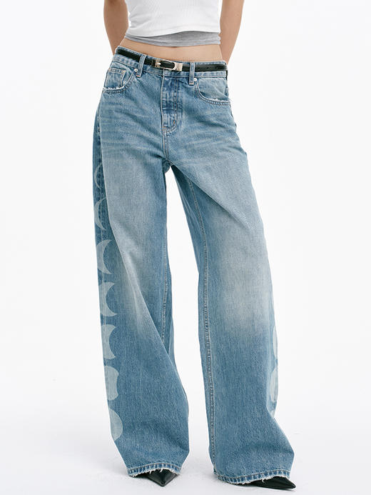 TR她热 暗月 蓝色水洗月食印花复古显瘦休闲宽松直筒牛仔裤 商品图3