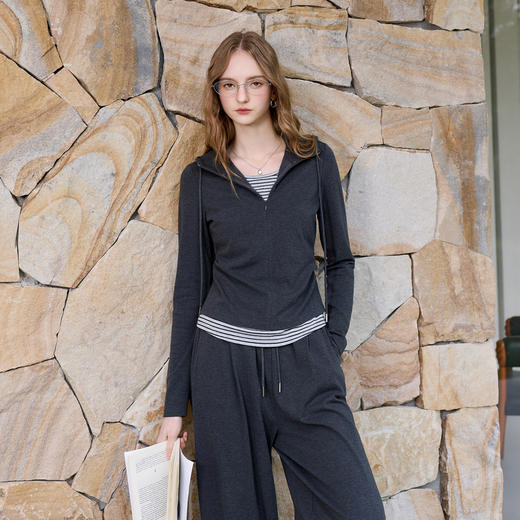 三彩2026春季新款休闲套装拼接连帽假两件上衣阔腿裤长裤两件套M 商品图1