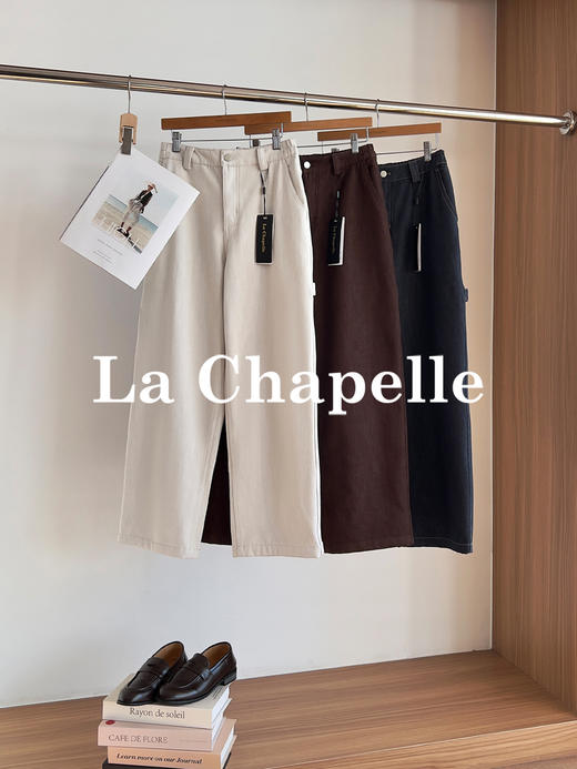 专柜实拍【工装风磨毛牛仔】拉夏贝尔/La Chapelle高腰后松紧百搭直筒阔腿裤显瘦长裤 商品图2