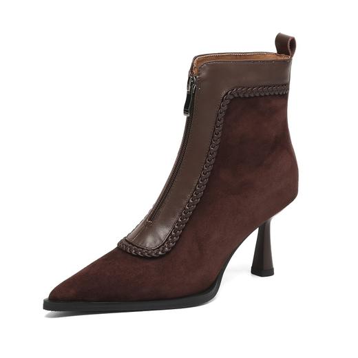 【预售5天】新款羊皮编织尖头时装靴子前拉链加绒气质显瘦高跟短靴&sl-8123 商品图4