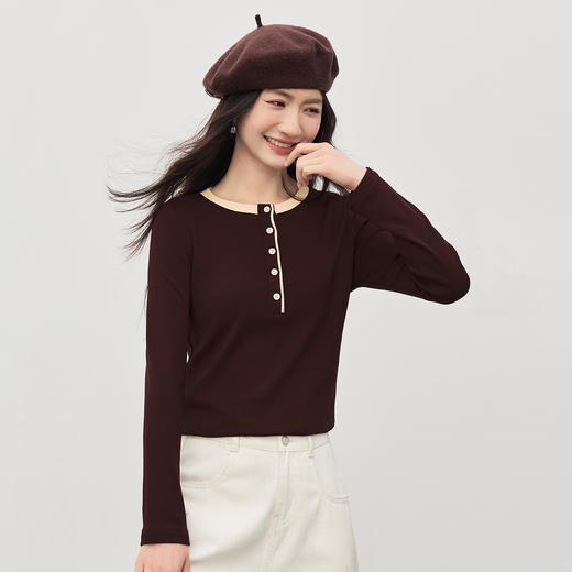 【1/21新品】熙世界特别漂亮磨绒打底衫女2025秋冬季内搭撞色圆领针织T恤上衣 商品图3