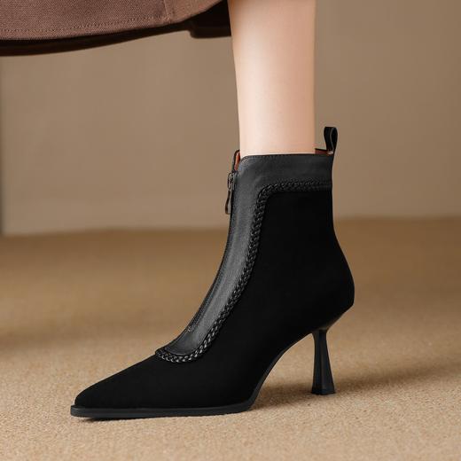 【预售5天】新款羊皮编织尖头时装靴子前拉链加绒气质显瘦高跟短靴&sl-8123 商品图3