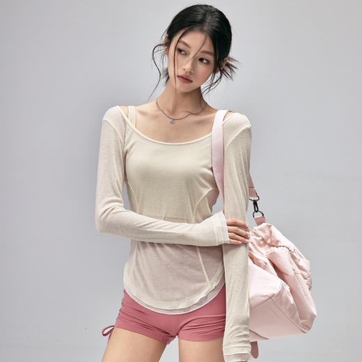 跃牌【美西西系列】性感U领露背绑带修身垂顺轻薄瑜伽服运动罩衫CX-119 商品图3