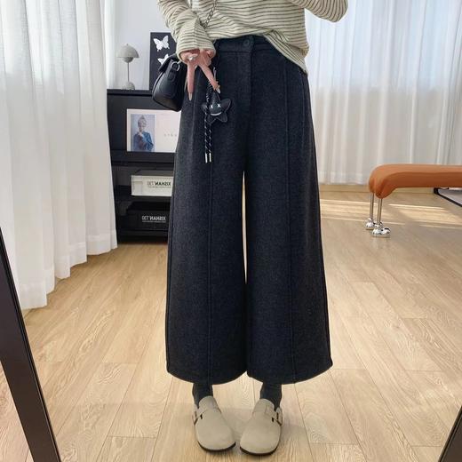 F010747后半松紧腰毛呢羊毛裤宽松直筒加绒休闲阔腿裤女秋冬裤子八分裤 商品图7