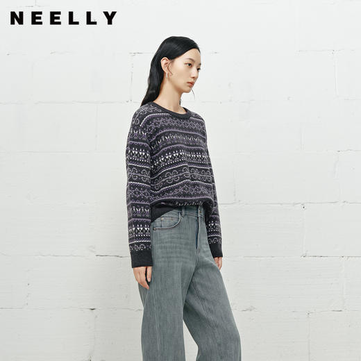 NEELLY纳俪商场同款冬季新款费尔岛提花毛衣女撞色宽松羊毛针织衫N25113A01144 商品图0