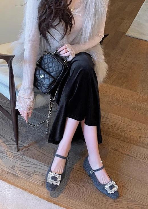 水钻毛呢玛丽珍秋冬加绒方头一字带小粗跟保暖法式女神鞋 商品图10