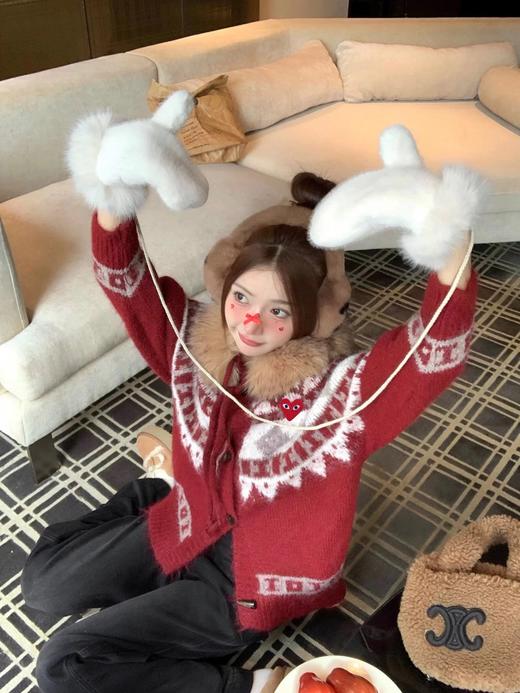 F010709酒红色费尔岛几何提花图案针织开衫女款 商品图4