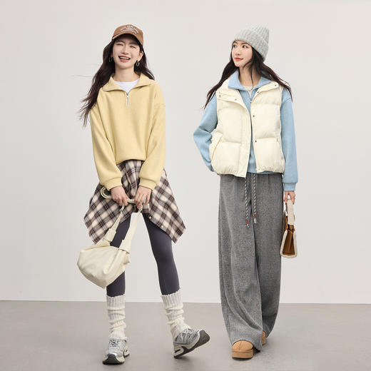 【1/21新品】熙世界盐系蓝色半拉链立领卫衣女加绒加厚秋冬运动风宽松休闲上衣 商品图1