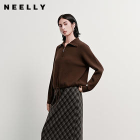 NEELLY纳俪商场同款冬新款休闲翻领半拉链针织衫女高级感灰色上衣N25112A01121